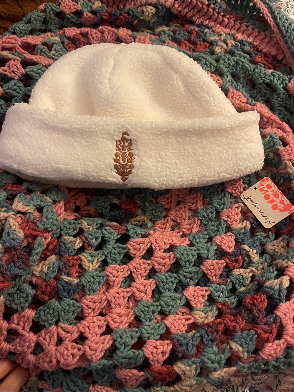 Free People White Sherpa Beanie with Brown Embroidered Leaf Accent
